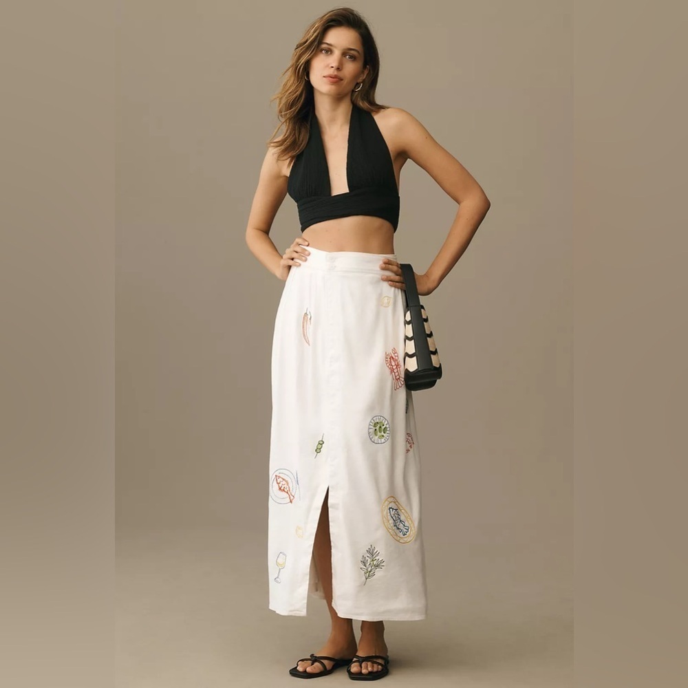 NWT Size 8 - Anthropologie Embellished Linen Wrap Midi Skirt